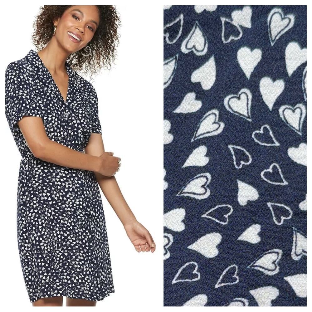 POPSUGAR Navy Blue White Heart Dress XS Button Down Pockets